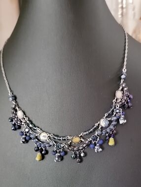 Ayala Bar Delicate Navy Blue and Yellow Beaded Fringe Necklace